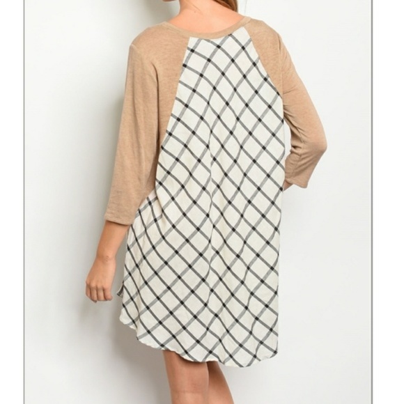 Taupe Sleeve Off White Black Checkered Tunic Dress - Picture 3 of 5